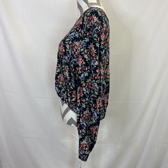 NWT Ann Taylor Loft Navy Flower Print Peasant Top Sz M White Elastic Waistband - Picture 2 of 10